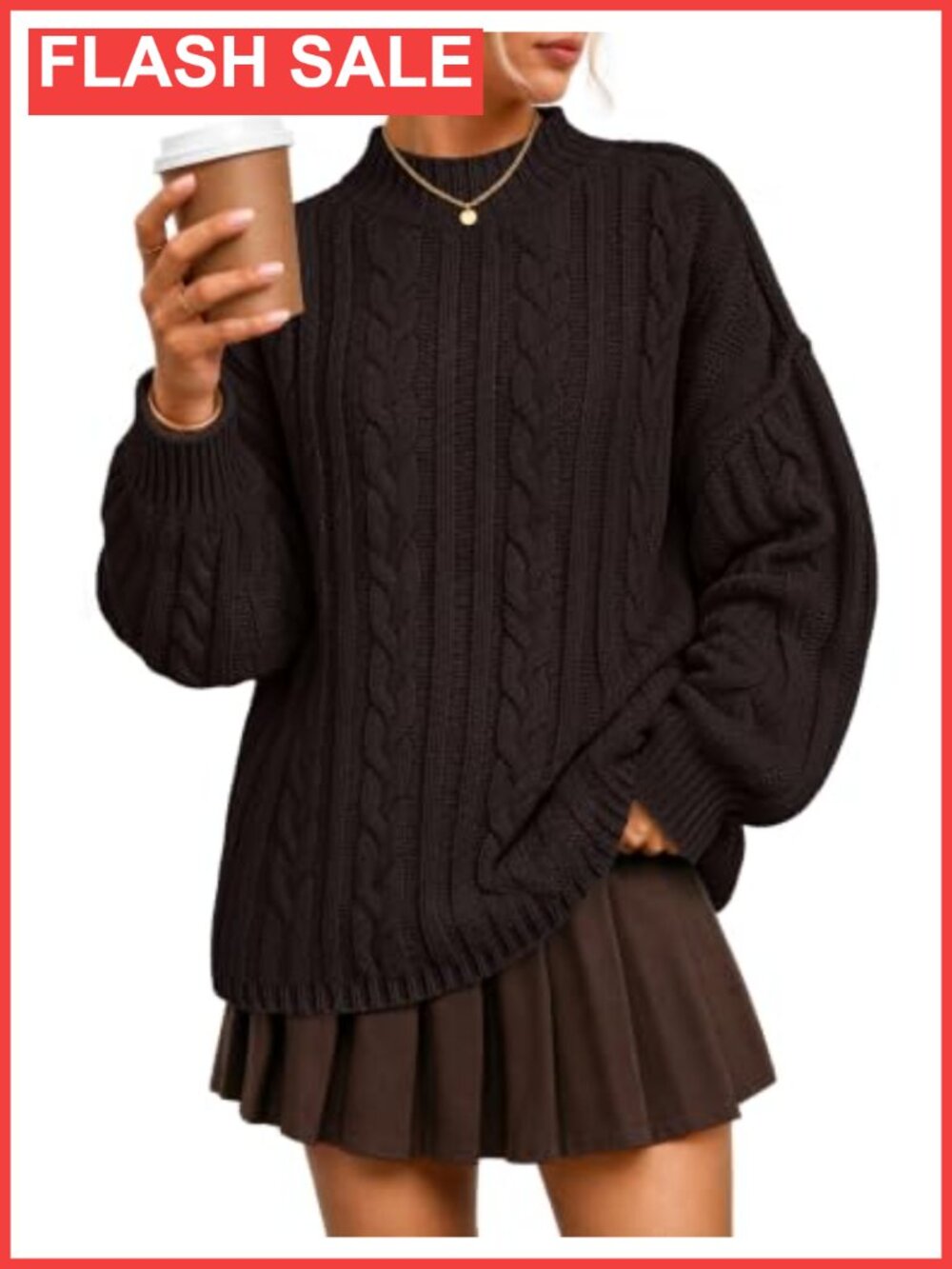 Oversized Mock Neck Cable Knit Pullover Sweater Drop Shoulder Long Sleeve